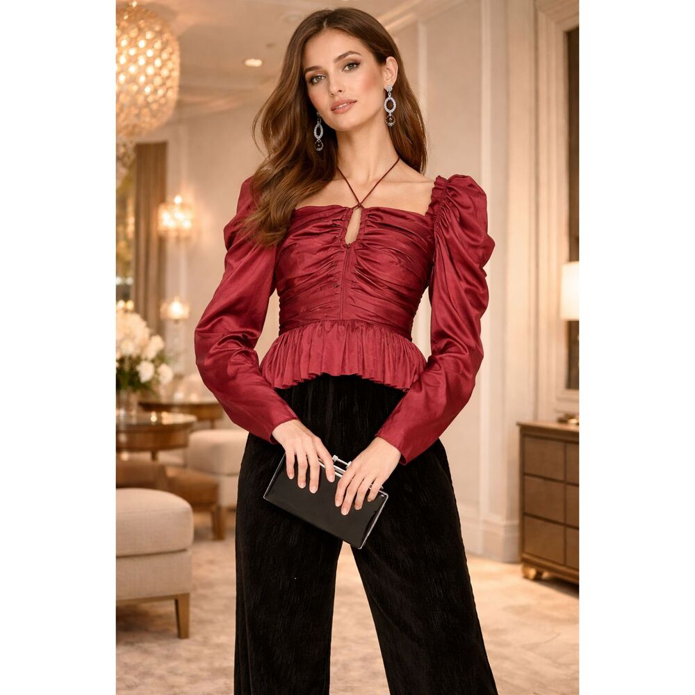 Ulla Johnson Mirelle Blouse Size 10 Desert Rose Ruched Satin Peplum Long Sleeve